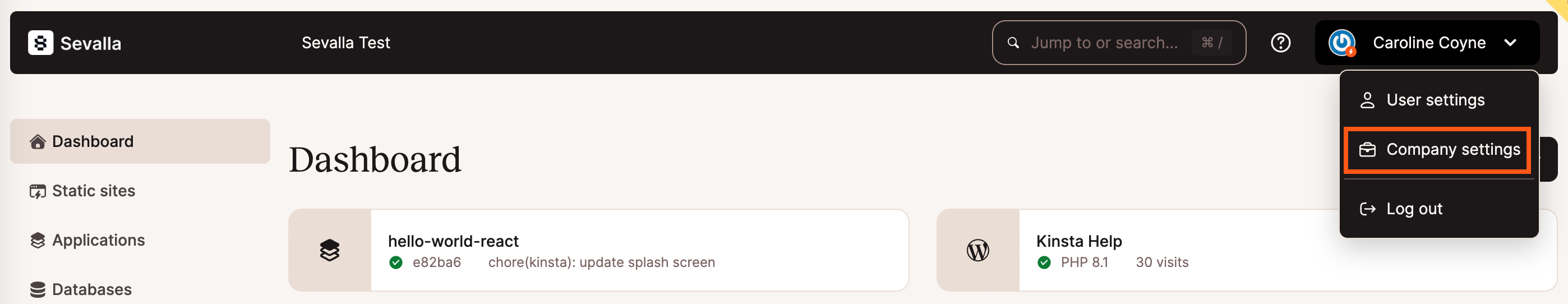 Access your company settings in Sevalla.